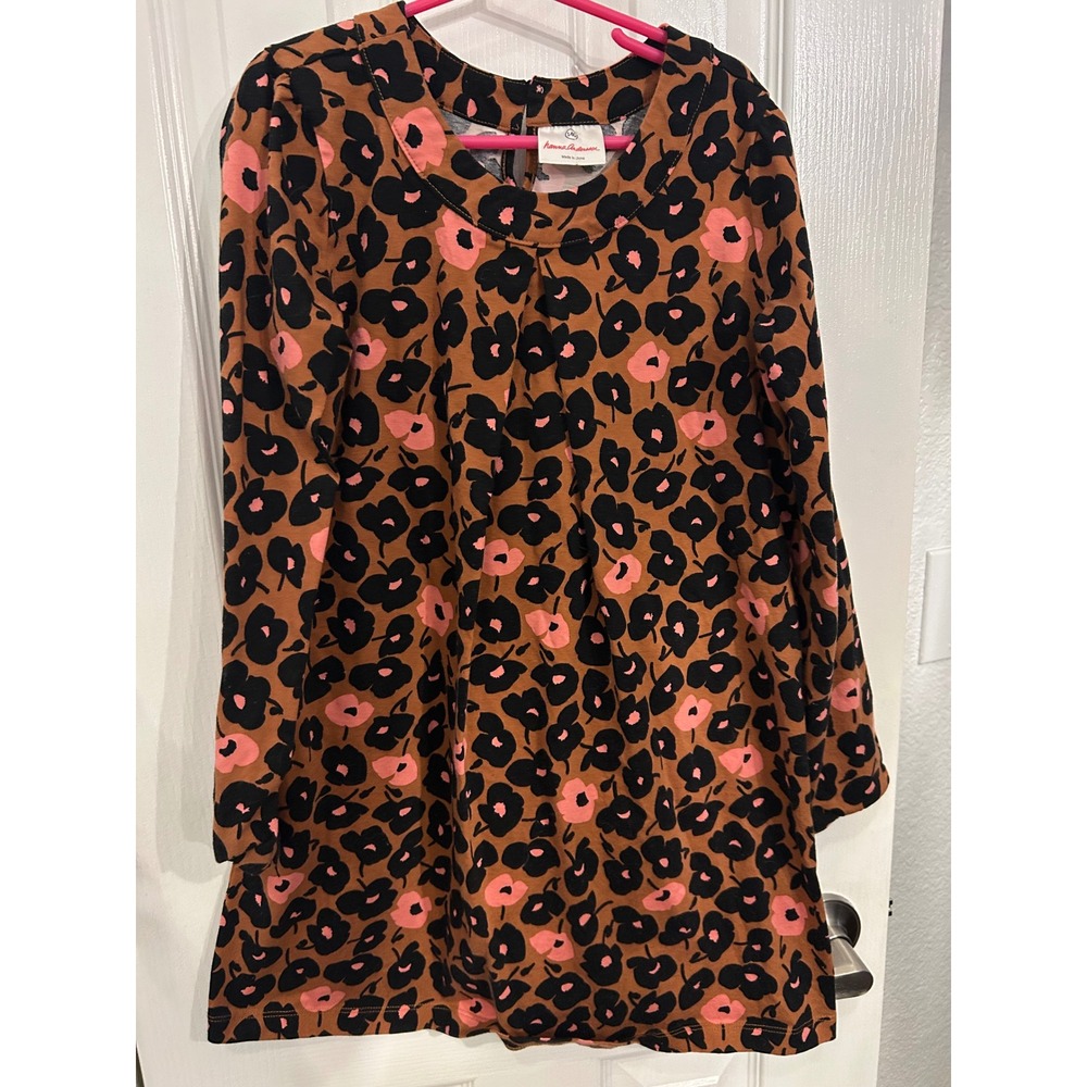 Hanna Andersson Kids Brown Pink Floral Poppy Cotton Long‎ Sleeve Dress 140 k7081